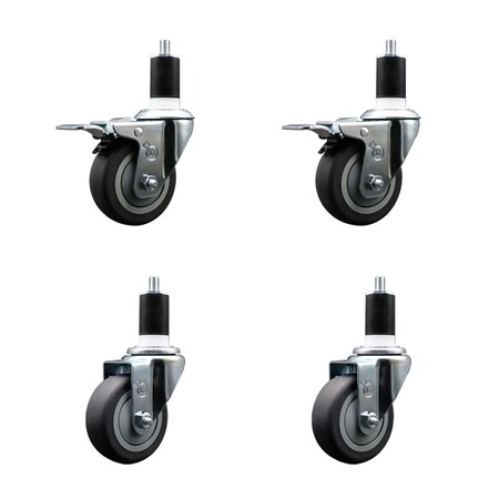 Service Caster 3.5'' Thermoplastic Rubber Swivel 1-1/2'' Expanding Stem Caster Set 2 Total Lock Brakes, 4PK SCC-EXTTL20S3514-TPRB-2-S-2-112